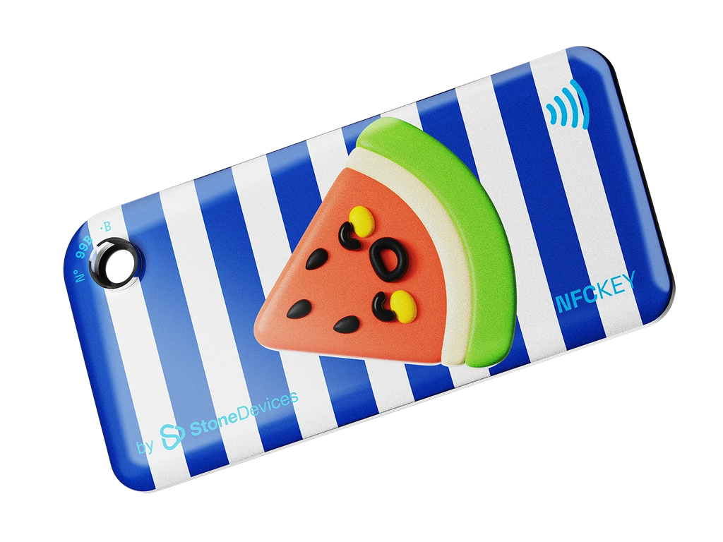 NFC keychain with 3D watermelon design and blue and white striped pattern