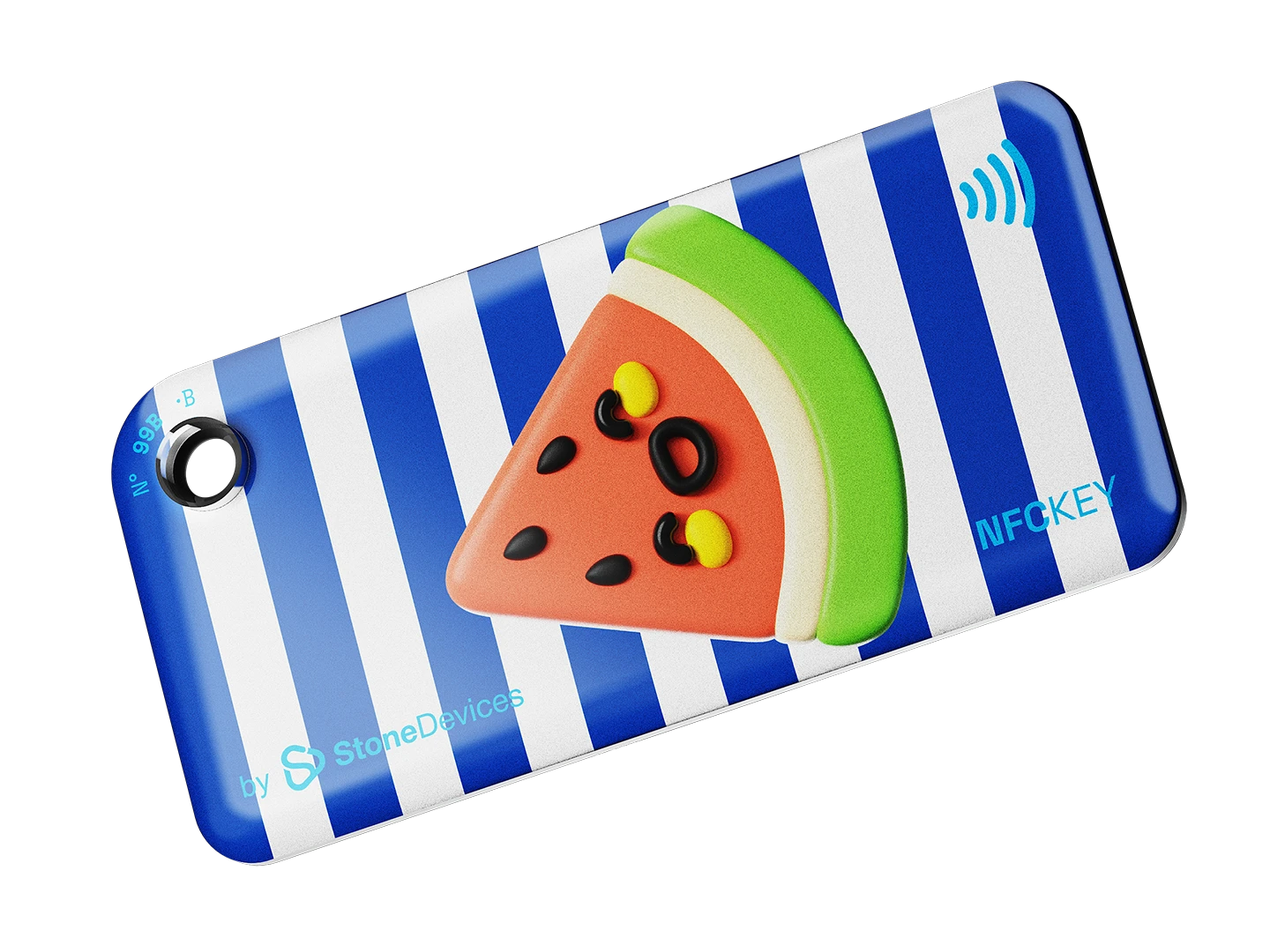 NFC keychain with 3D watermelon design and blue and white striped pattern