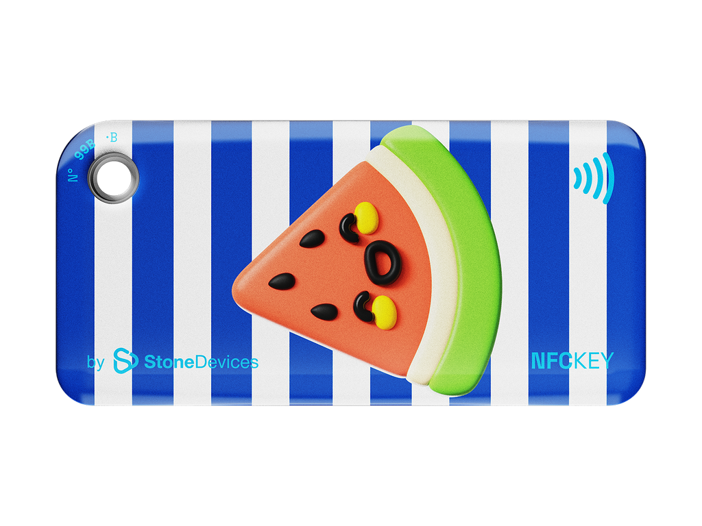 NFC key fob with 3D cartoon watermelon design on a blue and white striped background