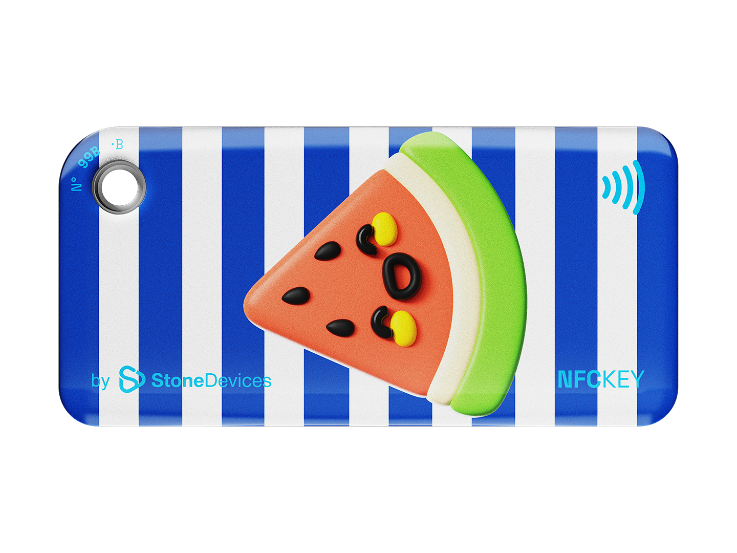 NFC key fob with 3D cartoon watermelon design on a blue and white striped background