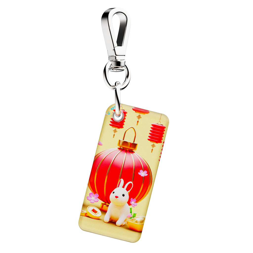 NFC key fob with a 3D cartoon white bunny and red Chinese lantern design on a beige background
