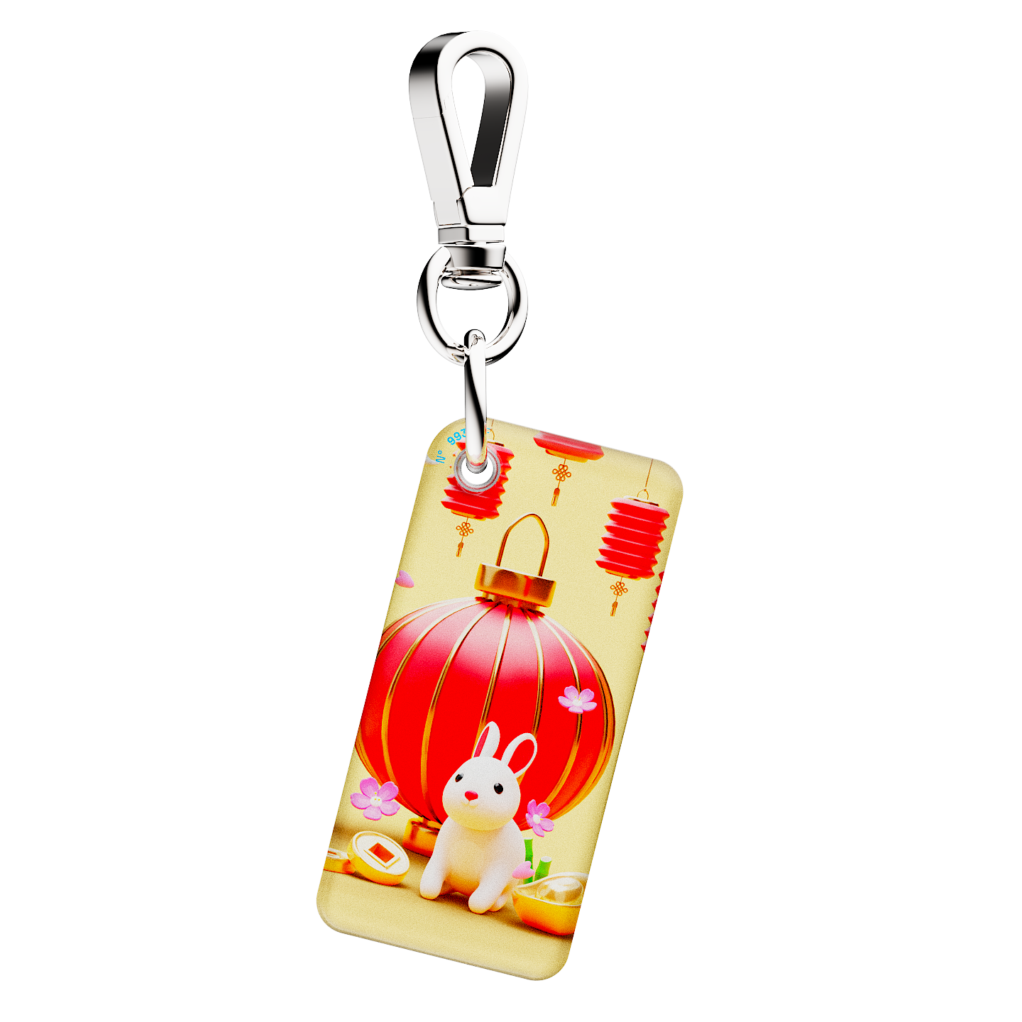 NFC key fob with a 3D cartoon white bunny and red Chinese lantern design on a beige background