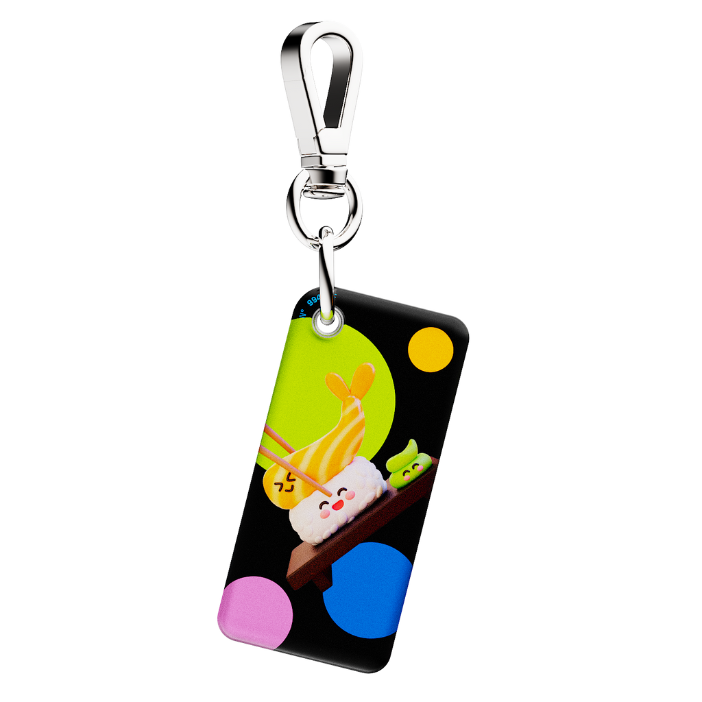 NFC keychain with a 3D cartoon shrimp sushi on a black background with multicolor dots 