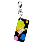 NFC keychain with a 3D cartoon shrimp sushi on a black background with multicolor dots 
