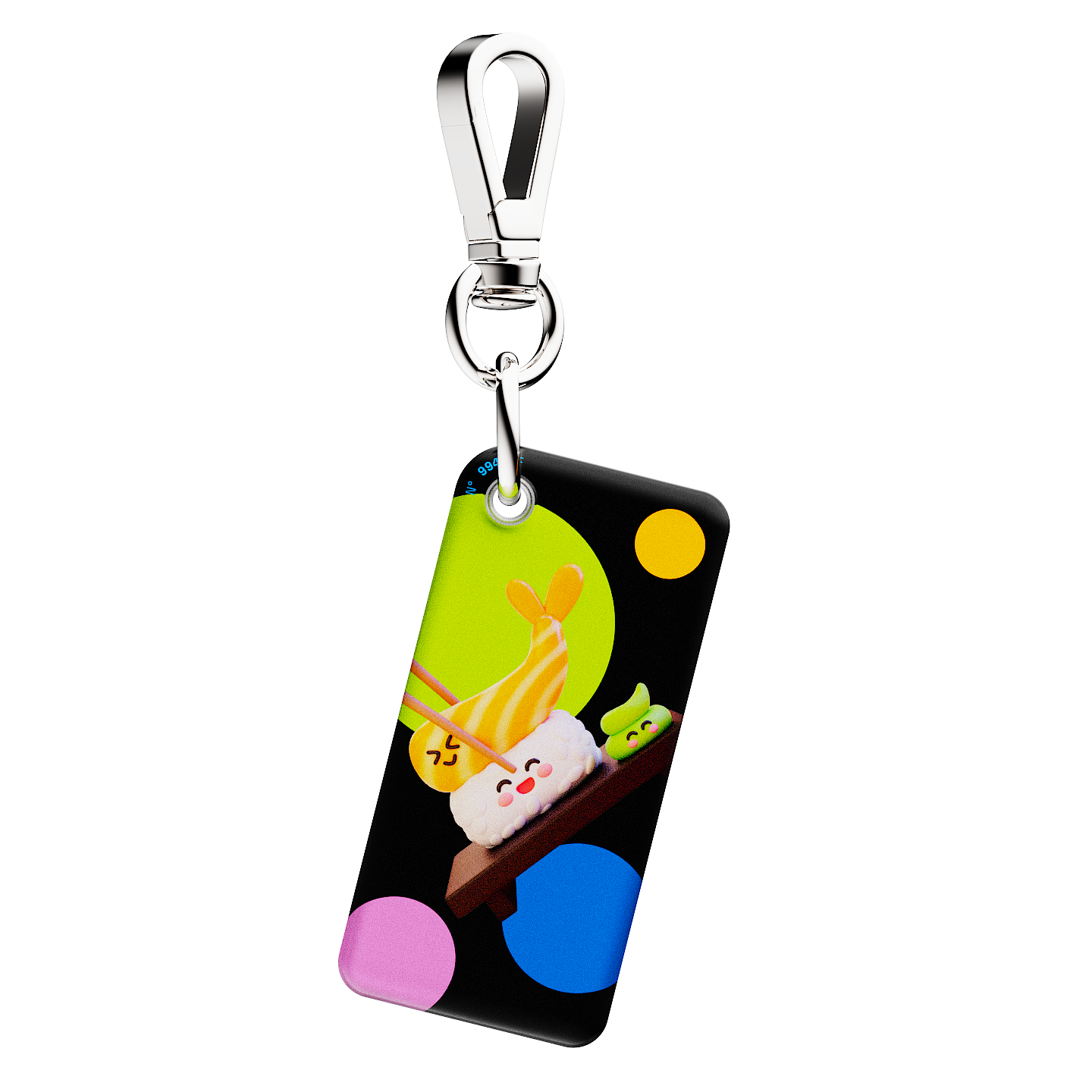 NFC keychain with a 3D cartoon shrimp sushi on a black background with multicolor dots 