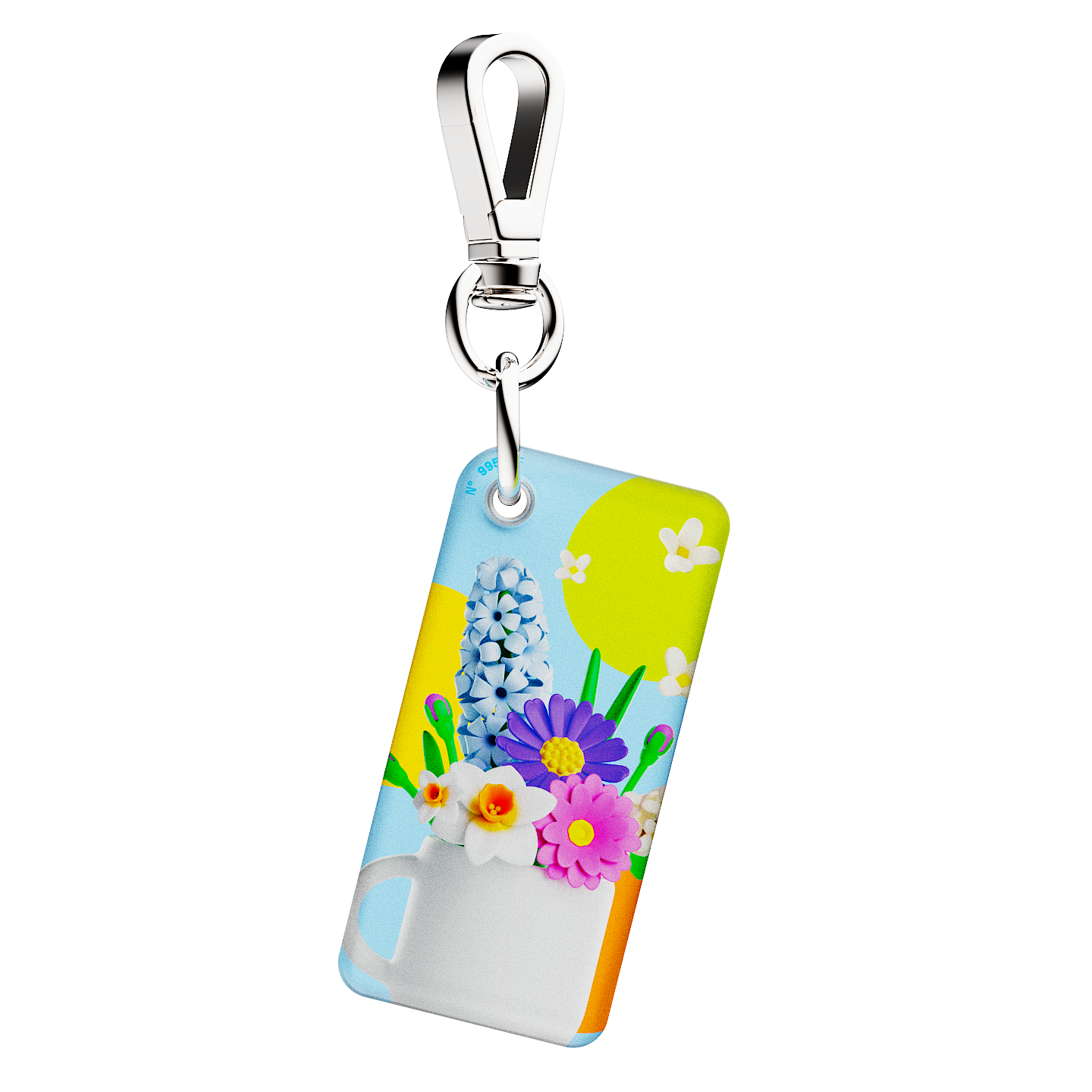NFC keychain with 3D cartoon multicolor flowers inside a white cup design on a light blue background 