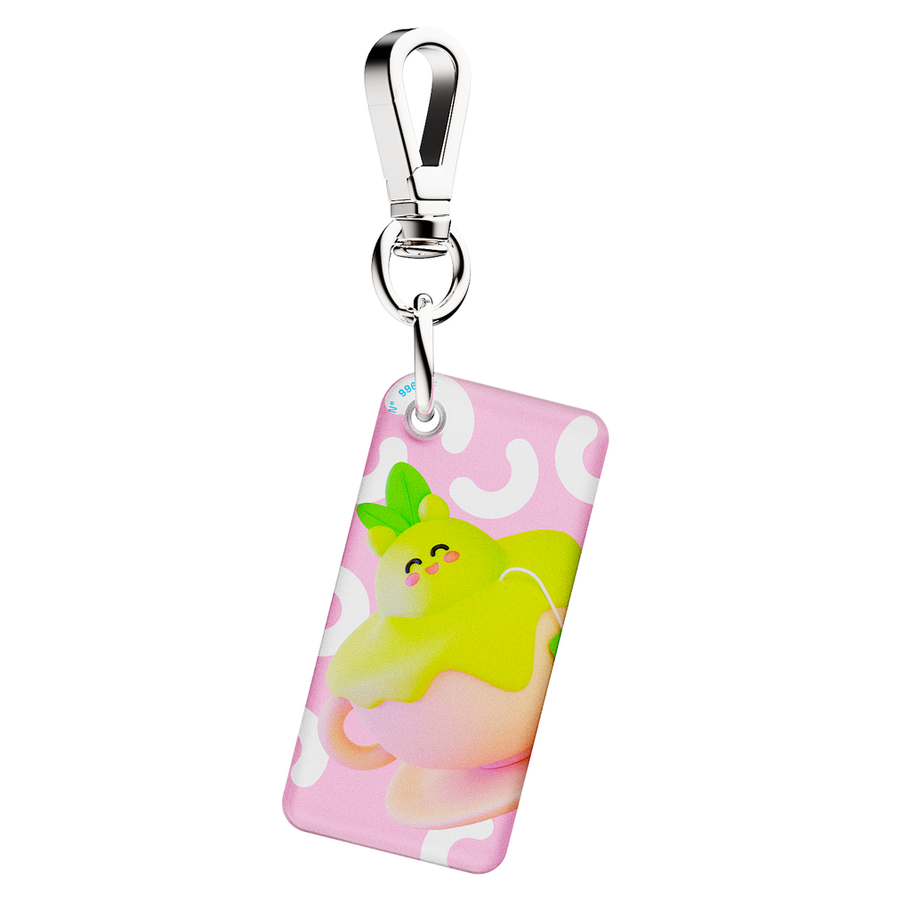 NFC keychain with a 3D pink cartoon tea cup and green tea design on a light pink background 