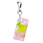 NFC keychain with a 3D pink cartoon tea cup and green tea design on a light pink background 