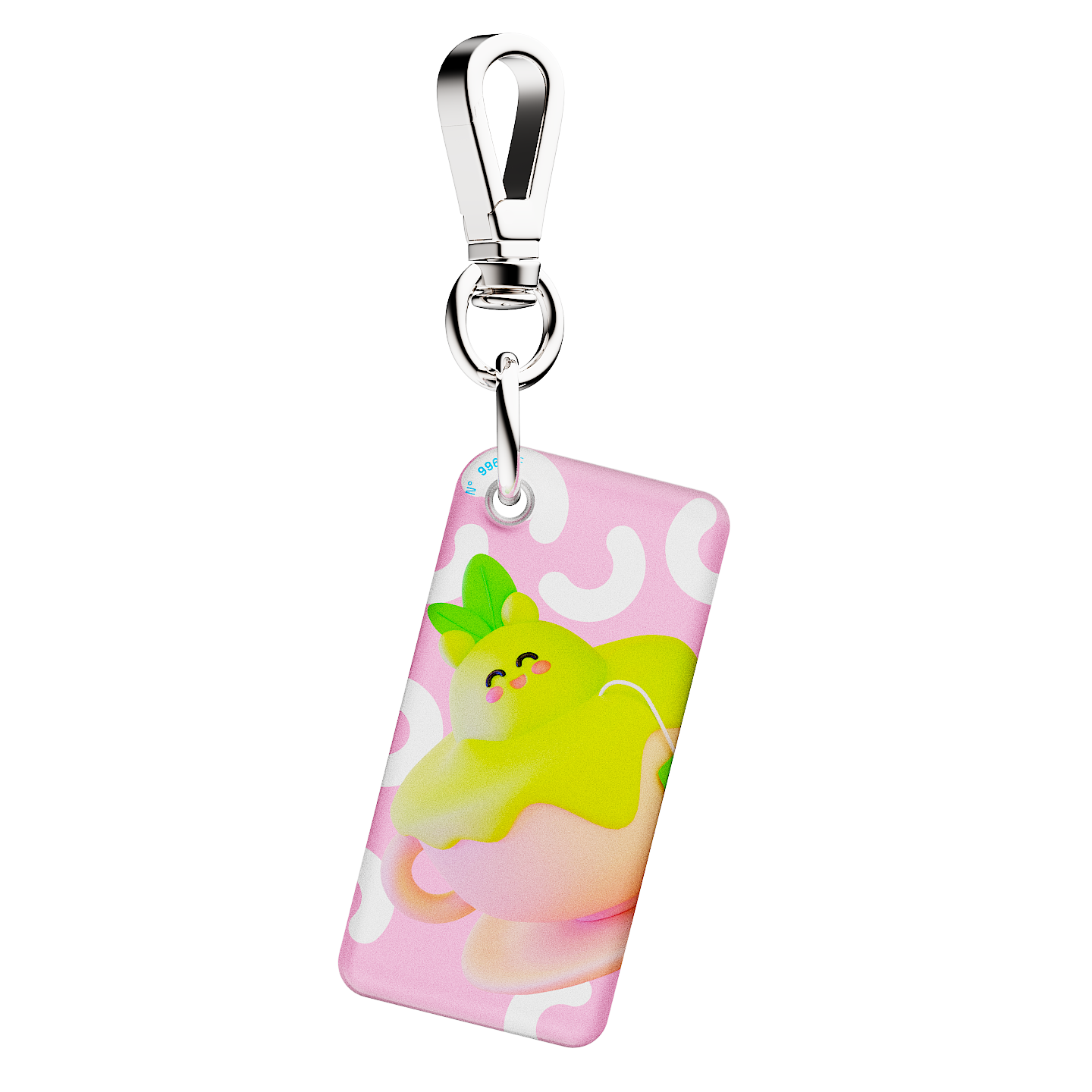 NFC keychain with a 3D pink cartoon tea cup and green tea design on a light pink background 