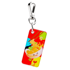NFC keychain with 3D cartoon bowl of noodles and chopsticks design on a red background with multicolor circles