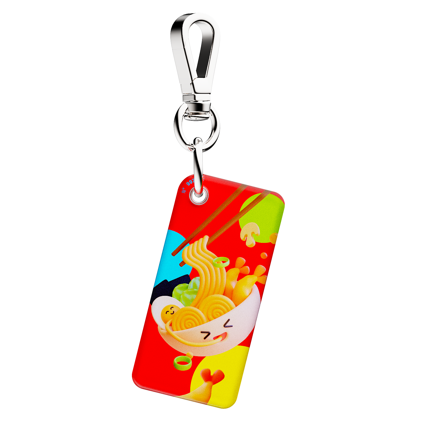 NFC keychain with 3D cartoon bowl of noodles and chopsticks design on a red background with multicolor circles