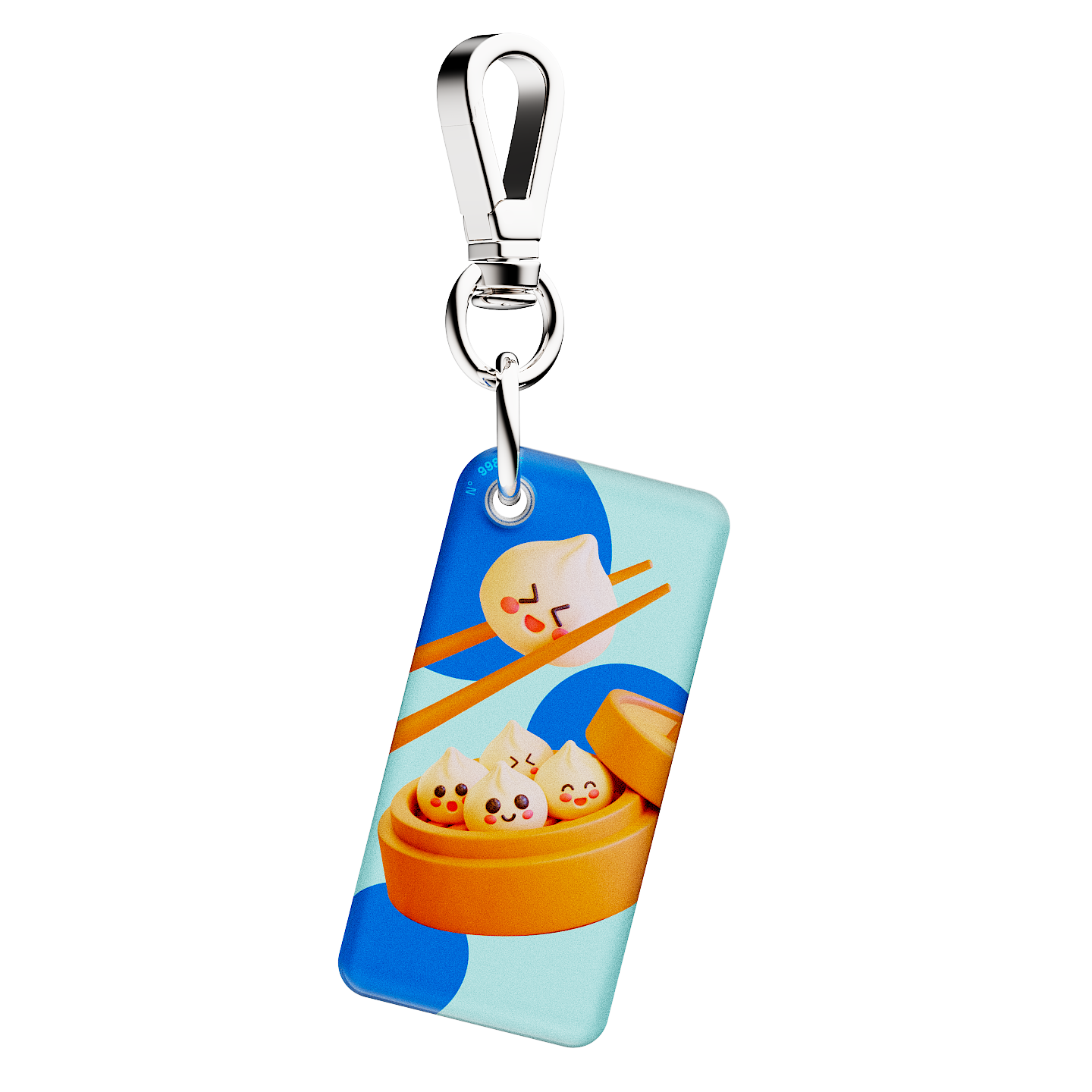 NFC keychain with 3D cartoon dumplings design on a light blue background with blue dots