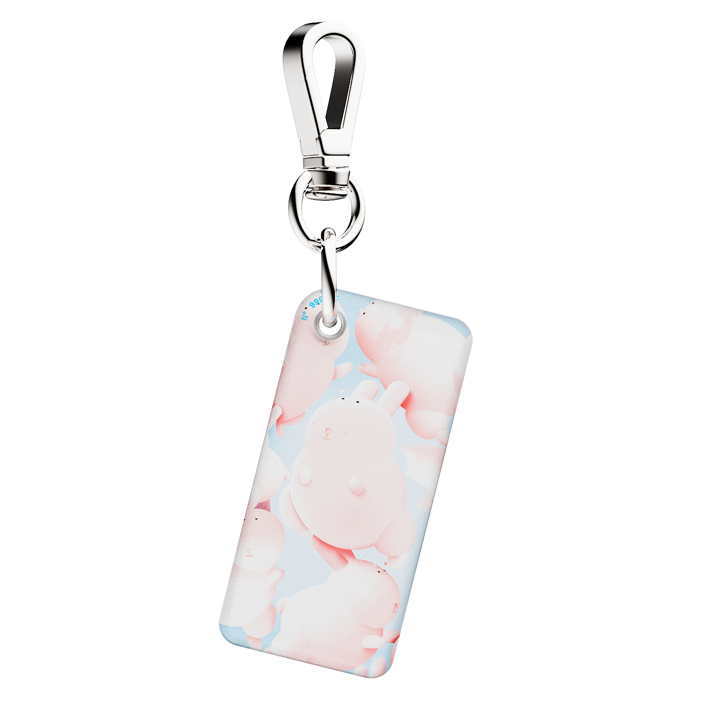 NFC keychain with 3D cute pink bunny character design on a light blue background