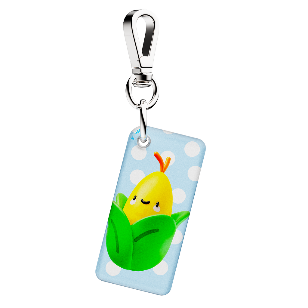 NFC keychain with 3D corn character design on a light blue background