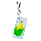 NFC keychain with 3D corn character design on a light blue background