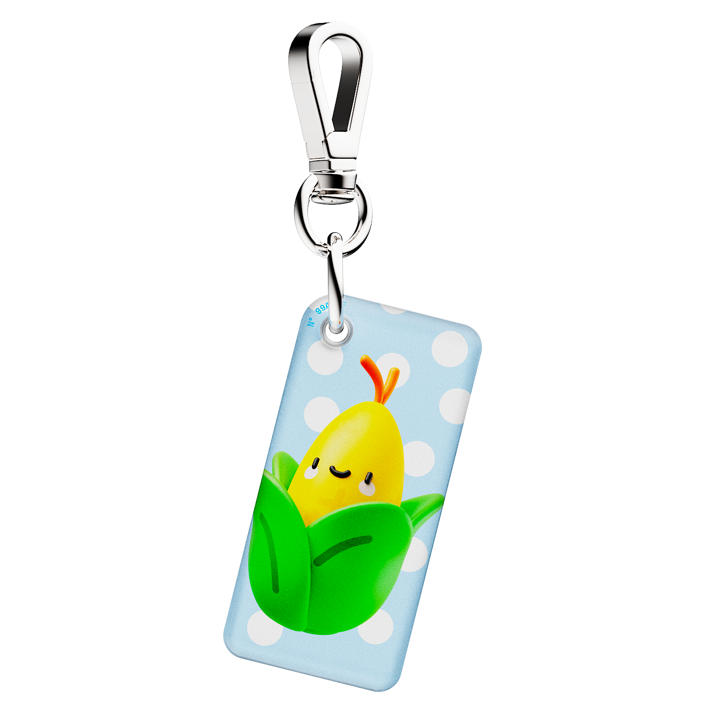 NFC keychain with 3D corn character design on a light blue background