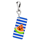 NFC keychain with 3D smiling watermelon slice design on blue and white striped pattern