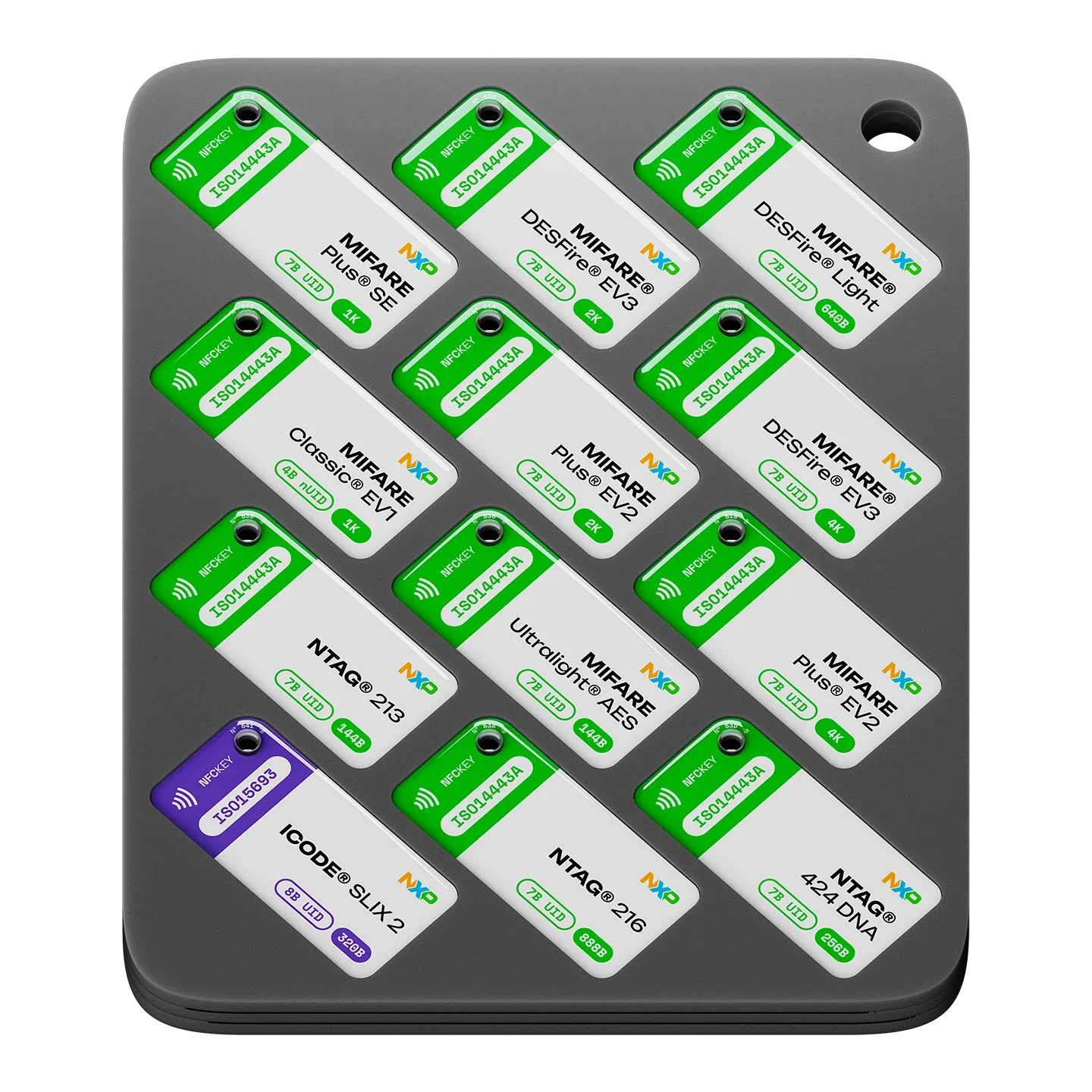 Collection of NXP chips inside NFC keychains on a grey background
