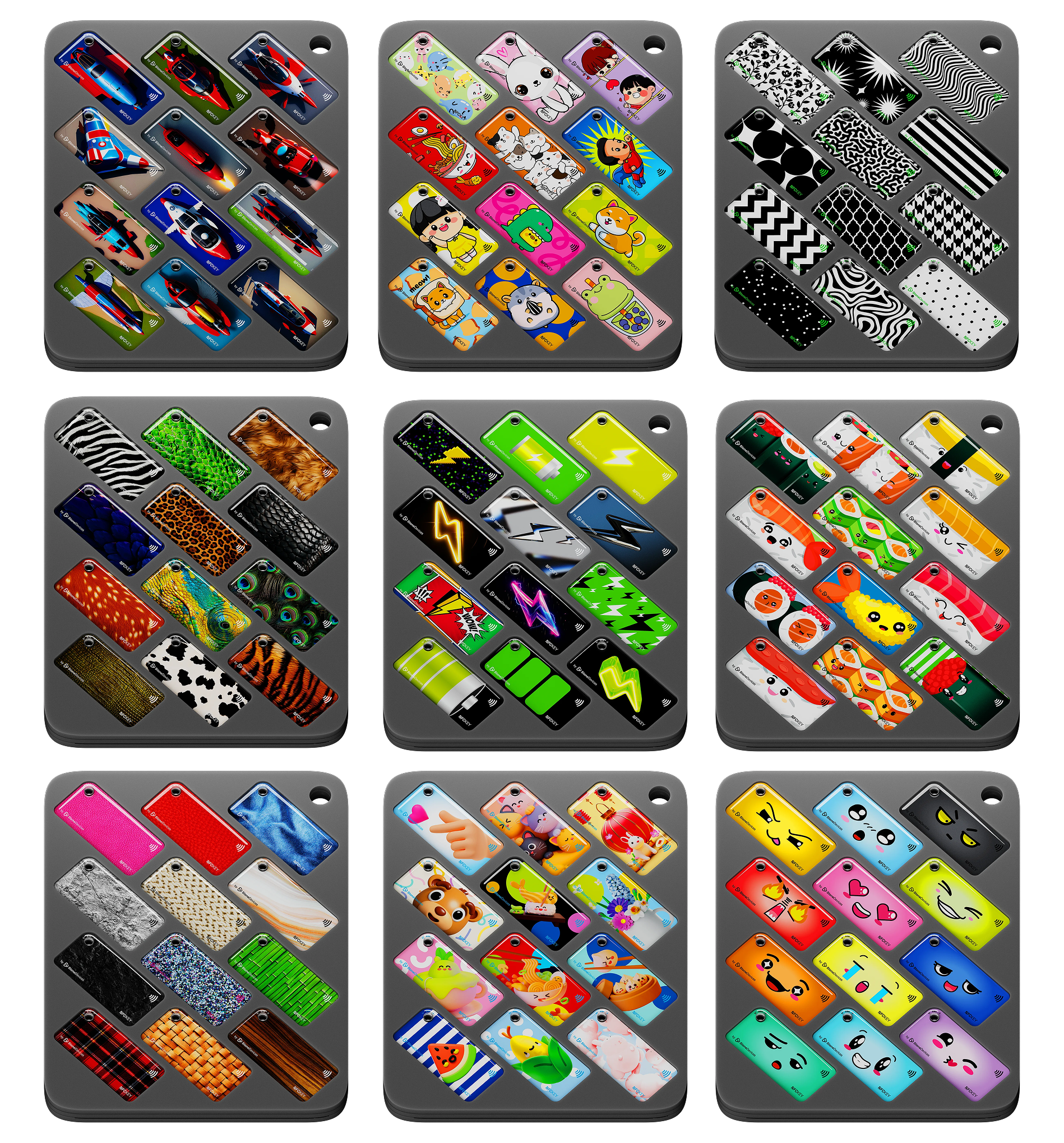 different collections of NFC key fobs on grey background