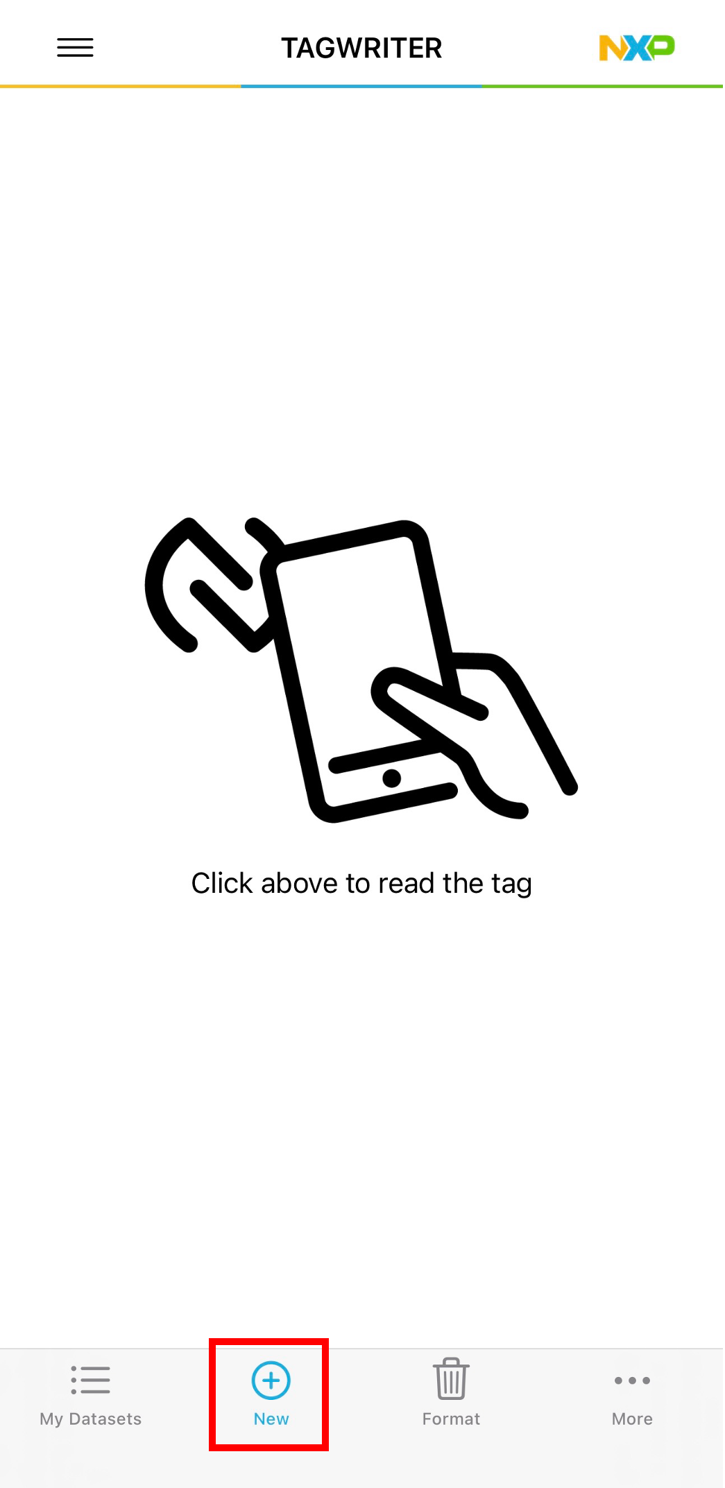TagWriter NXP app interface with a phone icon and text on a white background
