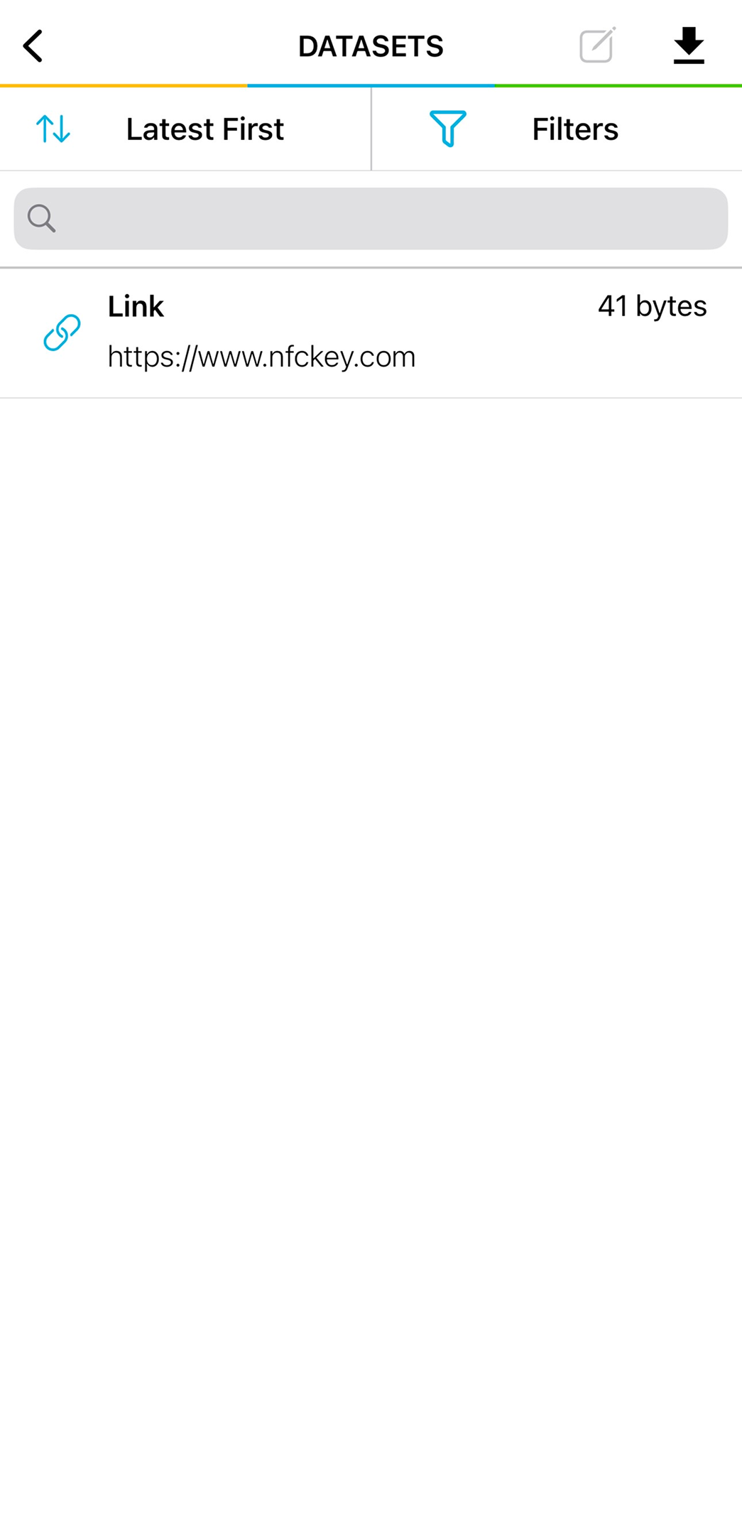 TagWriter NXP app screen showing the 'DataSet' menu 