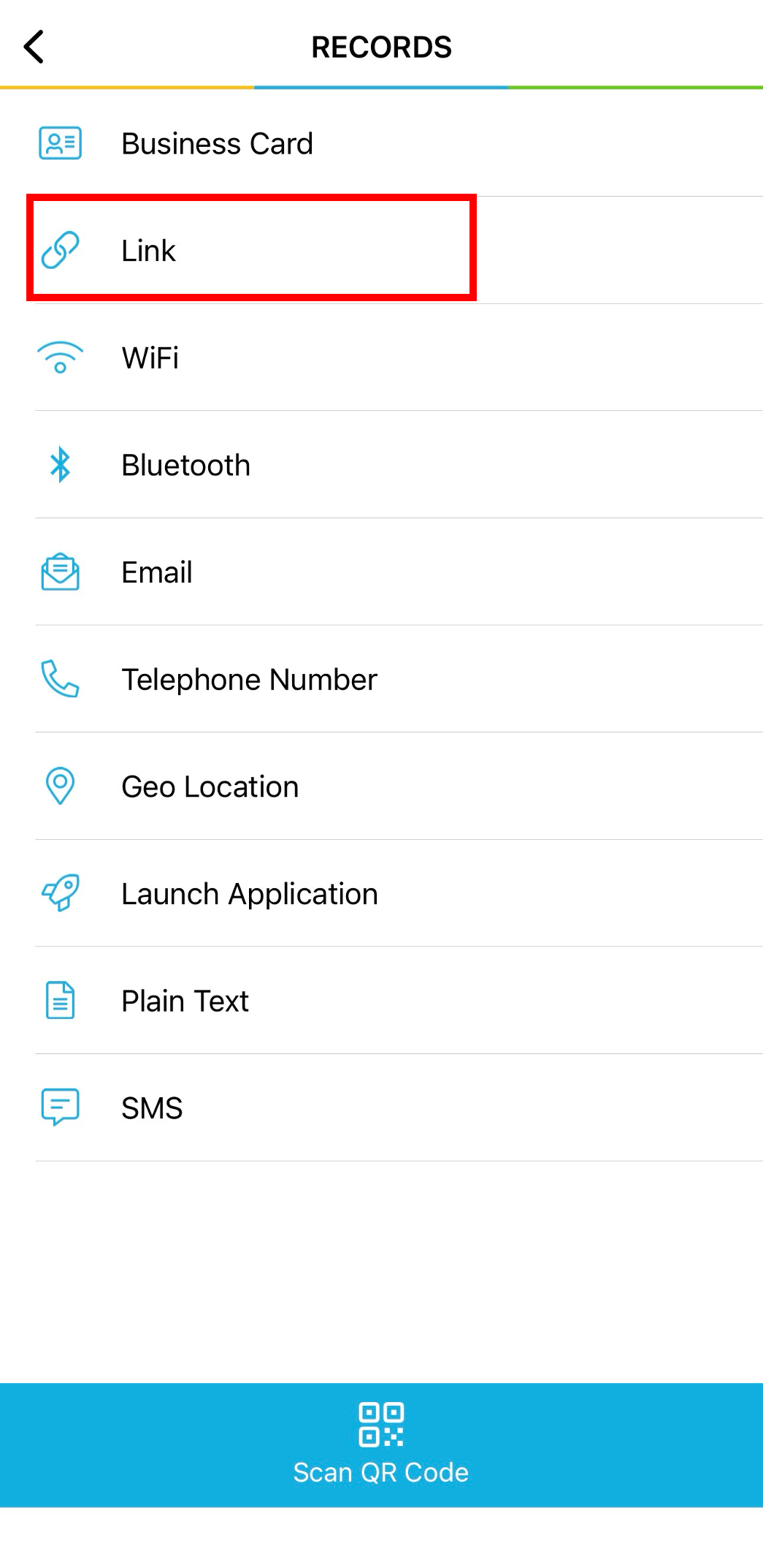 TagWriter NXP app screen showing a list of record types including Business Card, Link, WiFi, Bluetooth, Email, Telephone Number, Geo Location, Launch Application, Plain Text, and SMS on a white background.