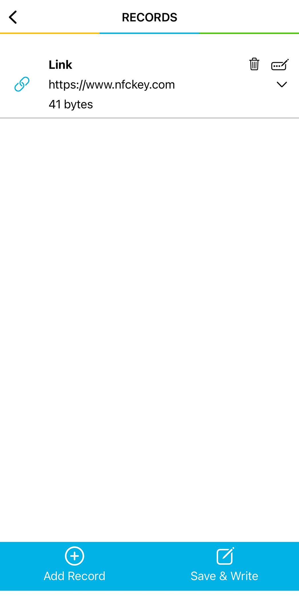 TagWriter NXP app screen showing the the added NFCKEY link record