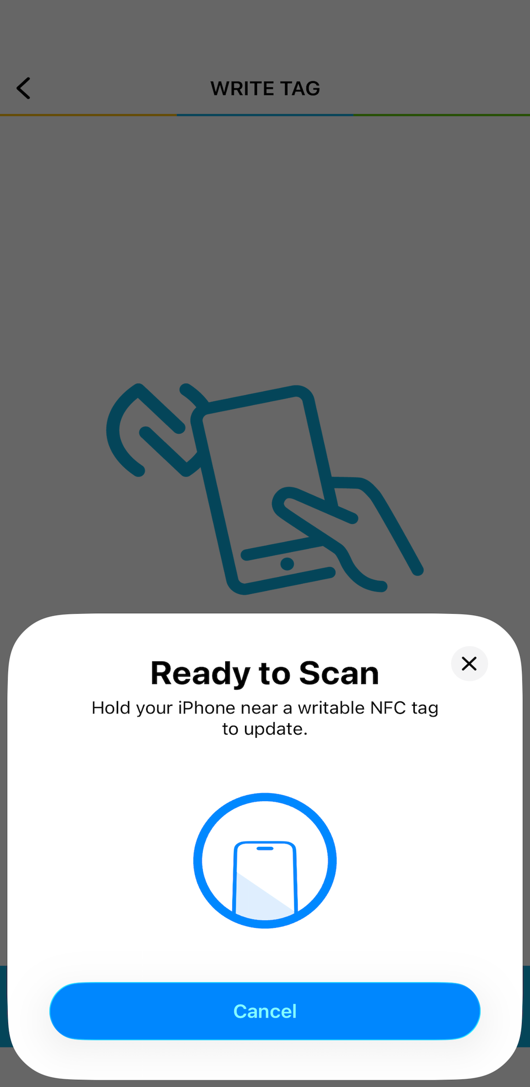 TagWriter NXP app screen showing the “Ready to Scan” to update an NFC tag
