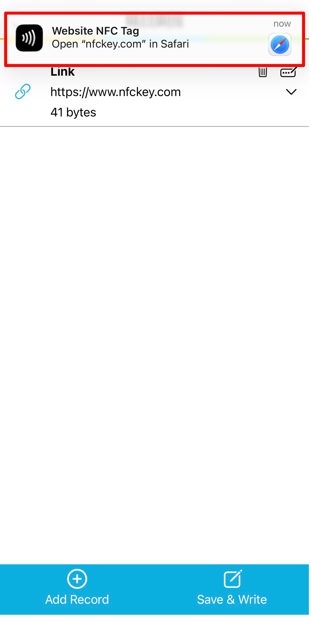 TagWriter NXP app screen and a scanned NFC fob prompting to open an encoded link