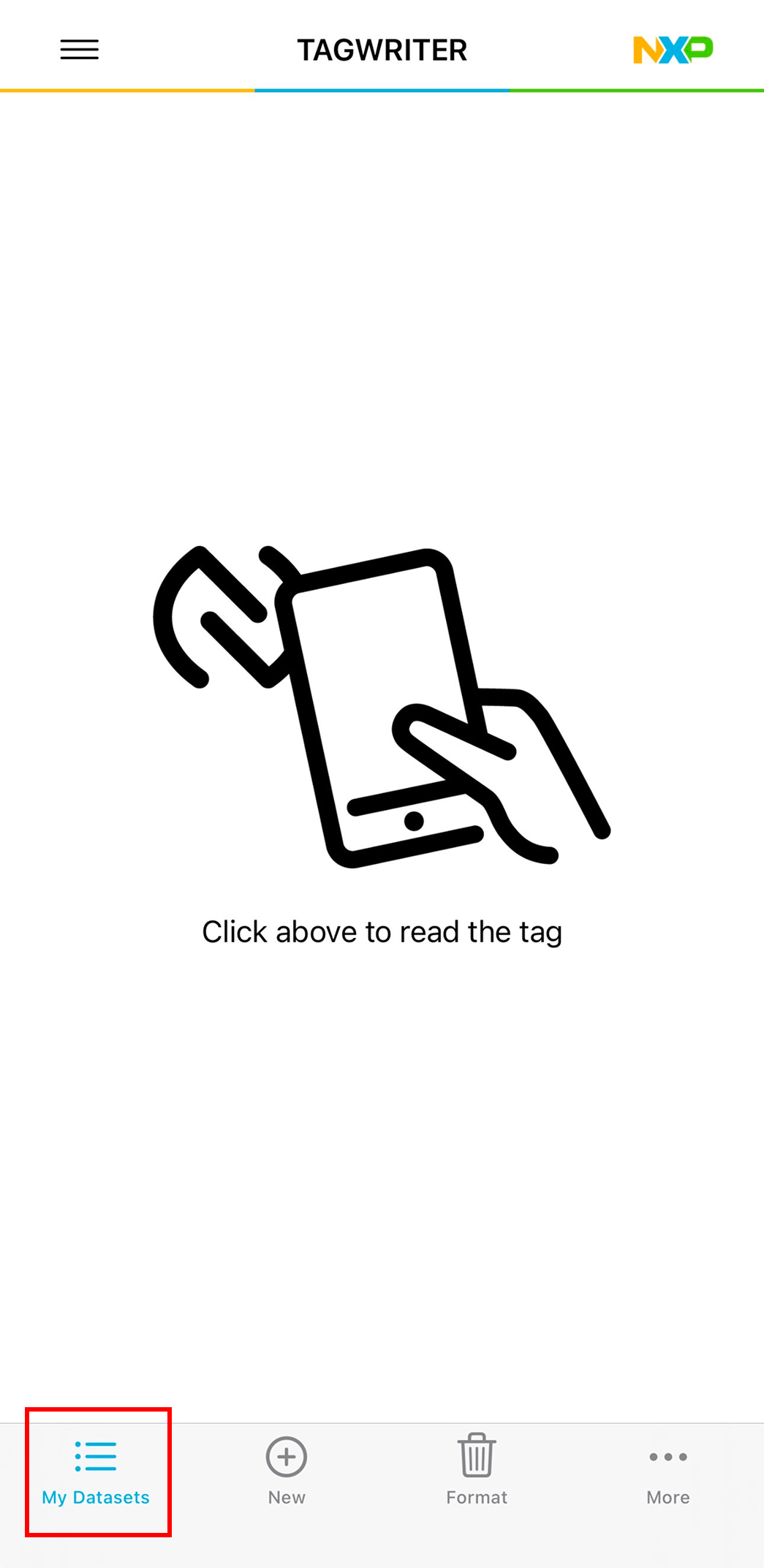 TagWriter NXP app screen showing the “My Datasets” option selected to check existing data