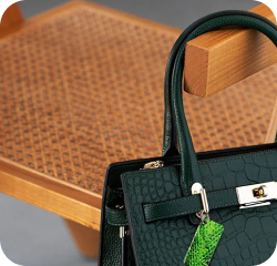 Black leather handbag with green NFC keychain attached to its handle against a wooden chair as background 