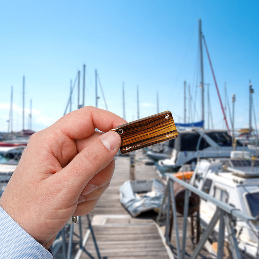 Hand holding an nfc keychain with marina background